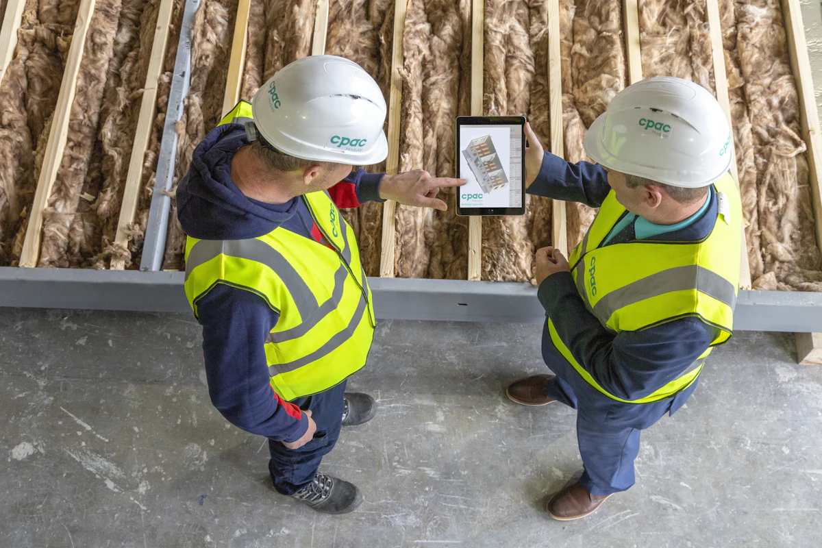 Two construction workers reviewing plans together on a tablet